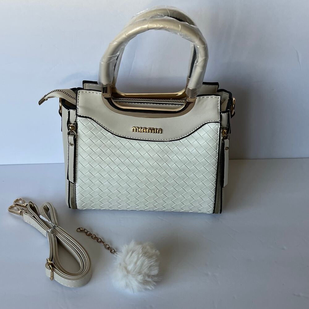 New Minmin Cream Woven Faux Leather Satchel Crossbody Handbag Pom Pom Purse